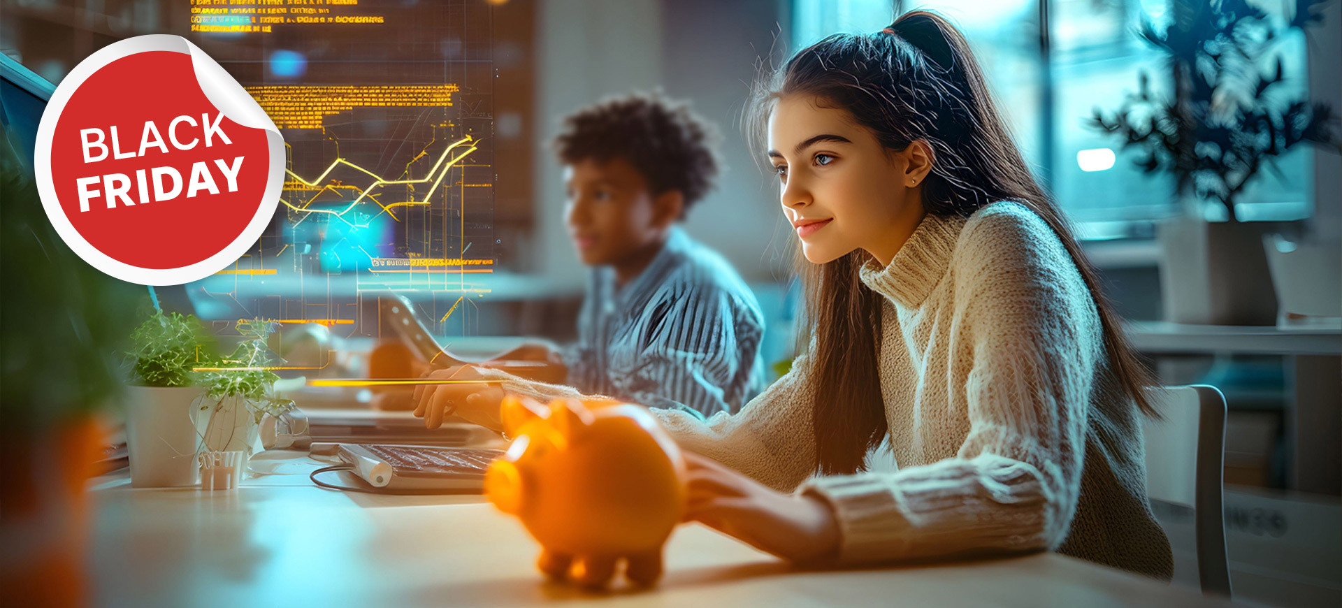 Junges Mädchen am Schreibtisch mit Sparschwein und Störer Black Friday