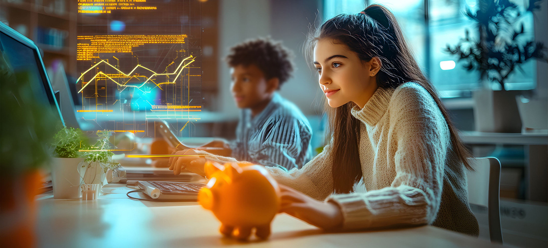 Junges Mädchen guckt auf einen PC und schreibt auf der Tastatur