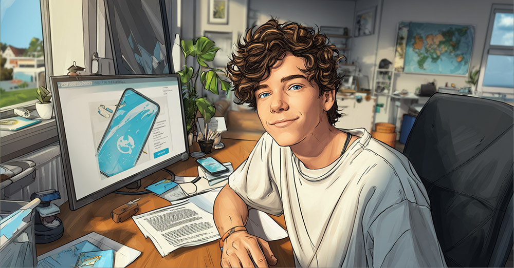 Ein junger Mann sitzt vor seinem Rechner.